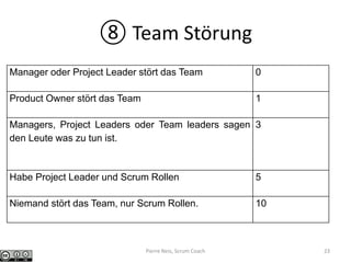 ⑧ Team Störung
Manager oder Project Leader stört das Team 0
Product Owner stört das Team 1
Managers, Project Leaders oder Team leaders sagen
den Leute was zu tun ist.
3
Habe Project Leader und Scrum Rollen 5
Niemand stört das Team, nur Scrum Rollen. 10
Pierre Neis, Scrum Coach 23
 