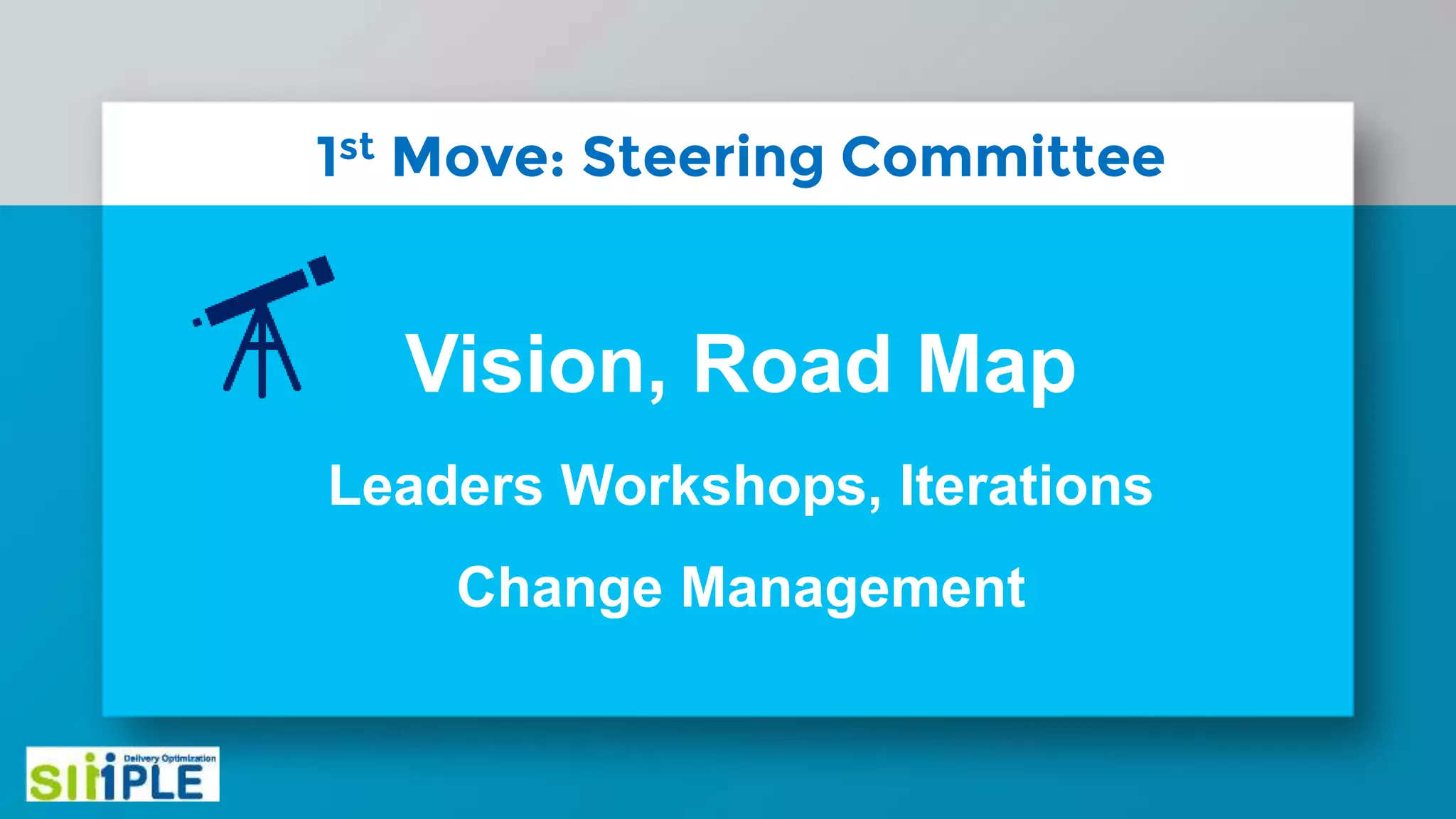 1st Move: Steering Committee
Vision, Road Map
Leaders Workshops, Iterations
Change Management
 