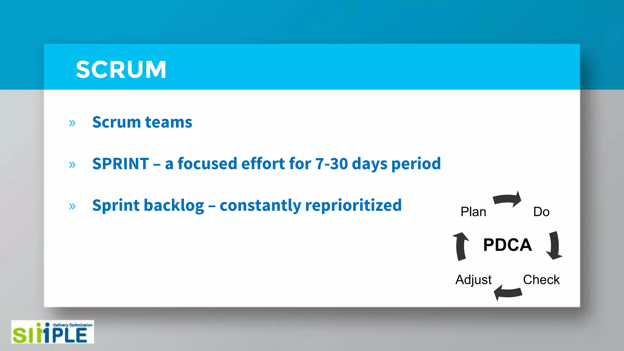 SCRUM
» Scrum teams
» SPRINT – a focused effort for 7-30 days period
» Sprint backlog – constantly reprioritized Do
CheckAdjust
Plan
PDCA
 