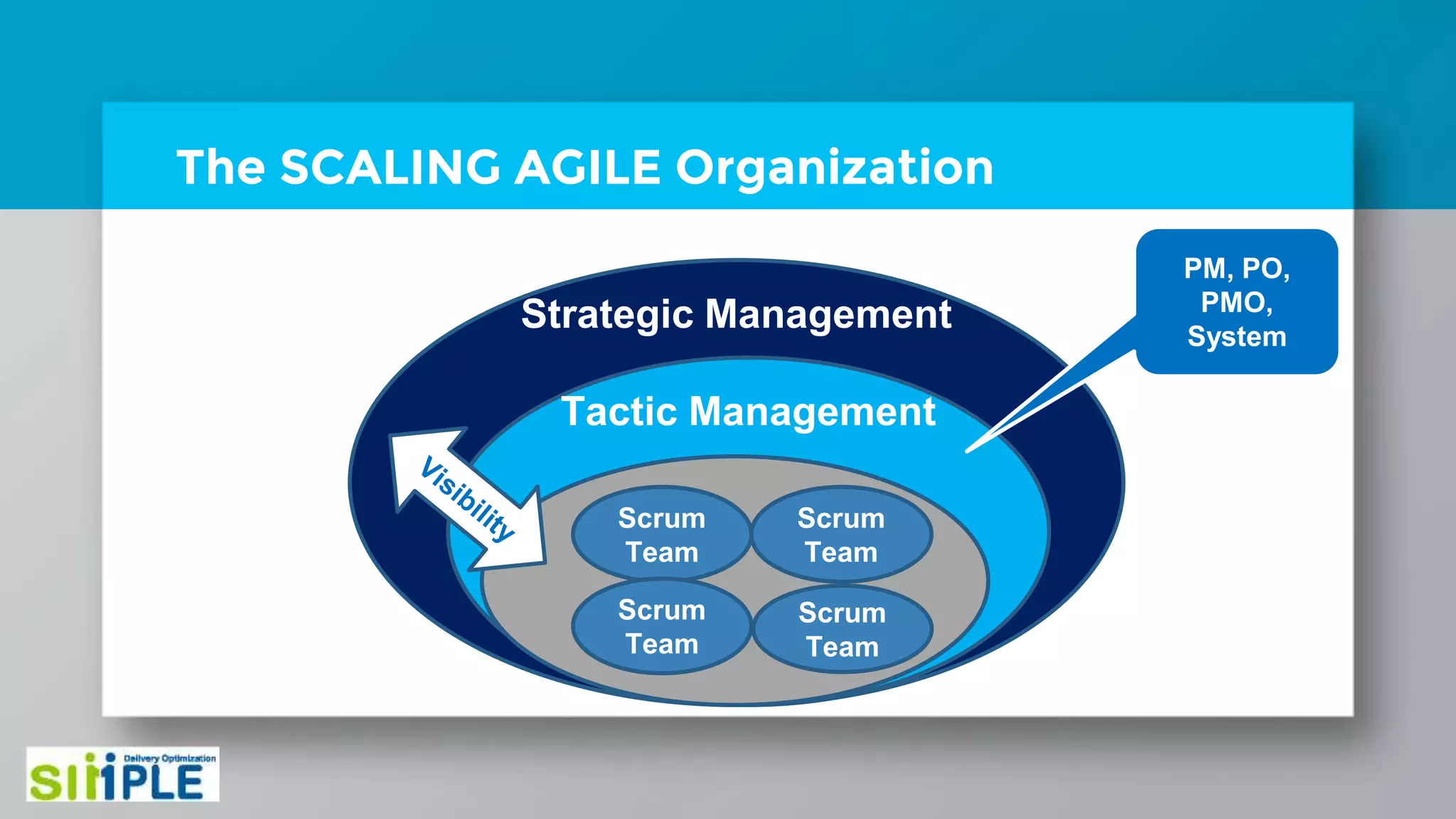 Strategic Management
Tactic Management
The SCALING AGILE Organization
Scrum
Team
Scrum
Team
Scrum
Team
Scrum
Team
PM, PO,
PMO,
System
 
