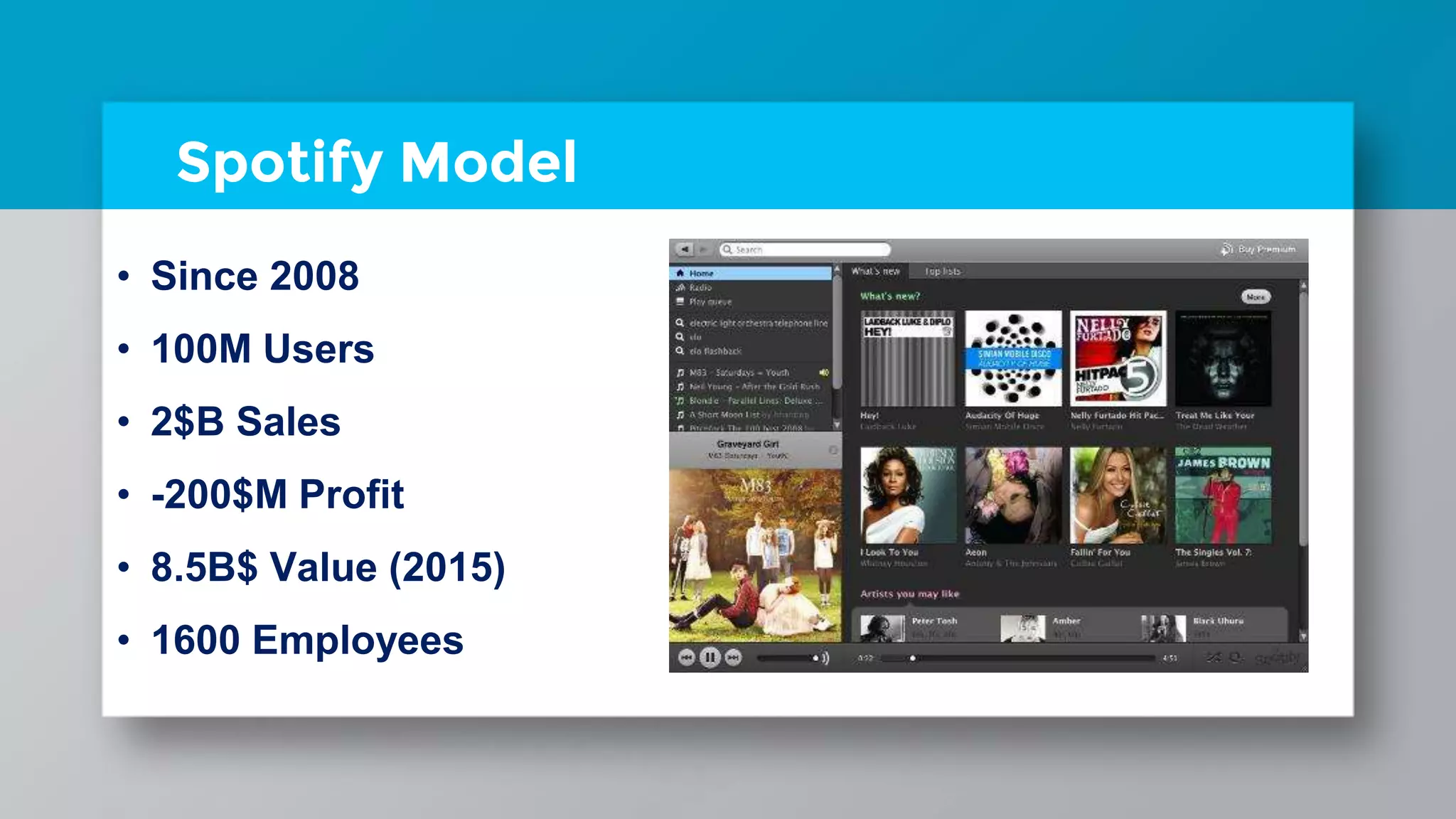 Spotify Model
• Since 2008
• 100M Users
• $2 B Sales
• - $200 M Profit
• 8.5B$ Value (2015)
• 1600 Employees
 
