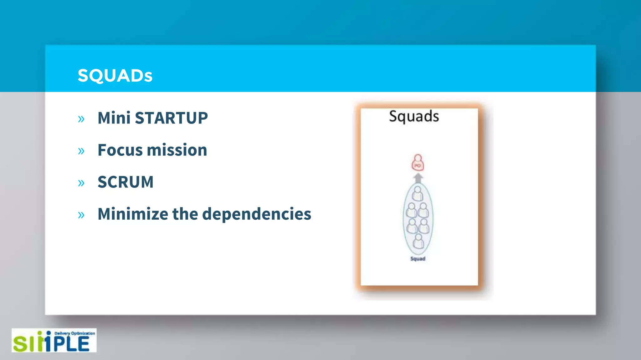 SQUADs
» Mini STARTUP
» Focus mission
» SCRUM
» Minimize the dependencies
 