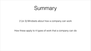 @wildfalcon
Running a company
Corporate Governance
eg: Vodafone, Governments, Most
Enterprises
No Name:
eg: 37 Signals, Github
Startups
No Name:
Write a business plan then implement it
exactly
Lean Startup:
Everyone builds a business plan though
experiment
MVP
Projects
Project Management:
Gantt Charts
Prince2
Waterfall
Pert Analysis
Agile:
Scrum
XP
Production Fordism
Lean:
Kanban
Toyota Production System
JIT Manufacturing
Agile is any way of working
with empowered teams
 