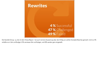 " 4 % Successful 
47 % Challenged 
49 % Failed 
Rewrites 
Die Standish-Group - ja, die mit dem Chaos-Report - hat auch mal eine Auswertung über den Erfolg von solcher Komplett-Rewrites gemacht. Und nur 4% 
schaffen es in Zeit und Budget, 47% verreissen Zeit und Budget, und 49% werden ganz eingestellt. 
 