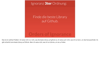 Ignoranz 3ter Ordnung: 
Finde die beste Library 
auf Github. 
Orders of Ignorance 
Das ist ein solches Problem. Ich weiss nicht nur nicht, was die beste Library auf github ist, ich weiss auch nicht, was ich tun kann, um das herauszufinden. Es 
gibt sicherlich eine beste Library auf Github. Aber ich weiss nicht, was ich tun könnte, um sie zu finden. 
 