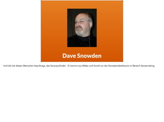 Dave Snowden 
Und die hat diesen Menschen beauftragt, das herauszufinden. Er kommt aus Wales und forscht an der Komplexitätstheorie im Bereich Sensemaking. 
 