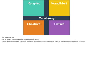 Komplex Kompliziert 
Verwirrung 
Chaotisch Einfach 
Und so sieht das aus. 
Und mit diesen Quadranten kam herr snowden am ende heraus 
Er sagt: Manager nehmen ihre Arbeitswelt als komplex, kompliziert, chaotisch oder einfach wahr. Und je nach Wahrnehmung agieren sie anders. 
 