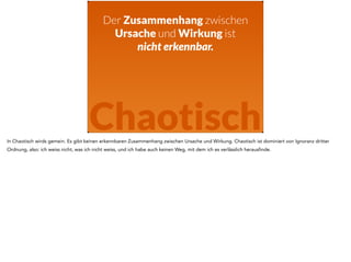 Der Zusammenhang zwischen 
Ursache und Wirkung ist 
nicht erkennbar. 
Chaotisch 
In Chaotisch wirds gemein. Es gibt keinen erkennbaren Zusammenhang zwischen Ursache und Wirkung. Chaotisch ist dominiert von Ignoranz dritter 
Ordnung, also: ich weiss nicht, was ich nicht weiss, und ich habe auch keinen Weg, mit dem ich es verlässlich herausfinde. 
 