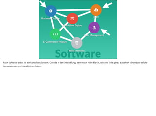 # 
$ 
% 
& 
' 
( 
Workflow Engine 
ORM 
User Management 
Business Objects 
E-Commerce-Module 
Software Web Frontend 
Auch Software selbst ist ein komplexes System. Gerade in der Entwicklung, wenn noch nicht klar ist, wie alle Teile genau aussehen könen bzw welche 
Konsequenzen die Interaktionen haben. 
 