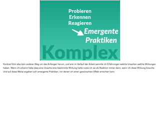 Probieren 
Erkennen 
Reagieren 
Emergente 
Praktiken 
Komplex 
Konkret führt also kein anderer Weg um das Anfangen herum, und erst im Verlauf der Arbeit sammle ich Erfahrungen welche Ursachen welche Wirkungen 
haben. Wenn ich erkannt habe dass eine Ursache eine bestimmte Wirkung hatte nutze ich sie als Reaktion immer dann, wenn ich diese Wirkung brauche. 
Und auf diese Weise ergeben sich emergente Praktiken, mit denen ich einen gewünschten Effekt erreichen kann. 
 