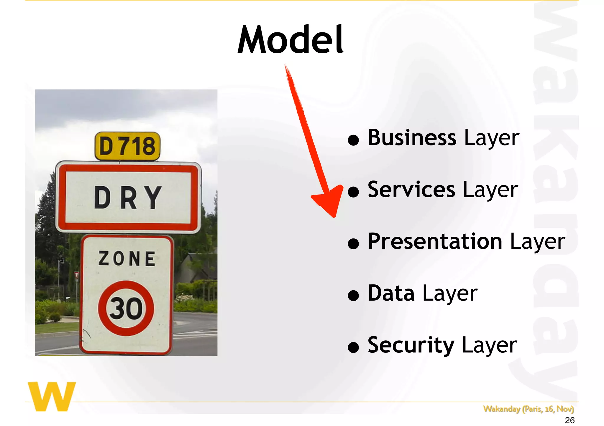 •Business Layer
•Services Layer
•Presentation Layer
•Data Layer
•Security Layer
Model
26
 