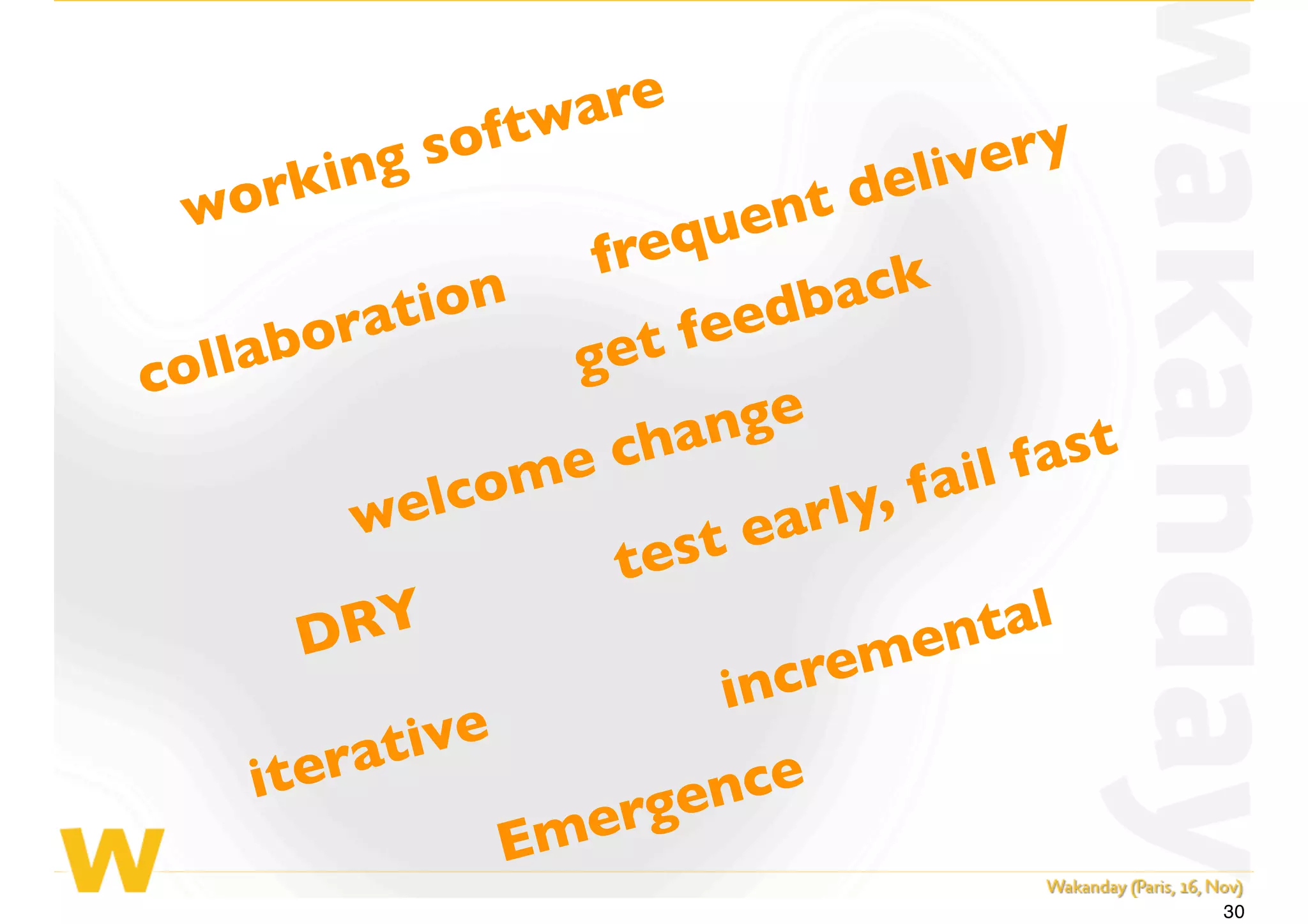 working software
test early, fail fast
get feedback
Emergence
DRY
iterative
incremental
collaboration
welcome change
frequent delivery
30
 