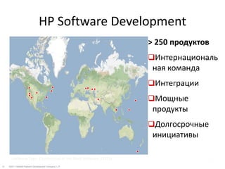 HP Software Development
                                                                > 250 продуктов
                                                                Интернациональ
                                                                 ная команда
                                                                Интеграции
                                                                Мощные
                                                                 продукты
                                                                Долгосрочные
                                                                 инициативы

       Software Type: Commercial of the Shelf Software (COTS)
25   ©2011 Hewlett-Packard Development Company, L.P.
 