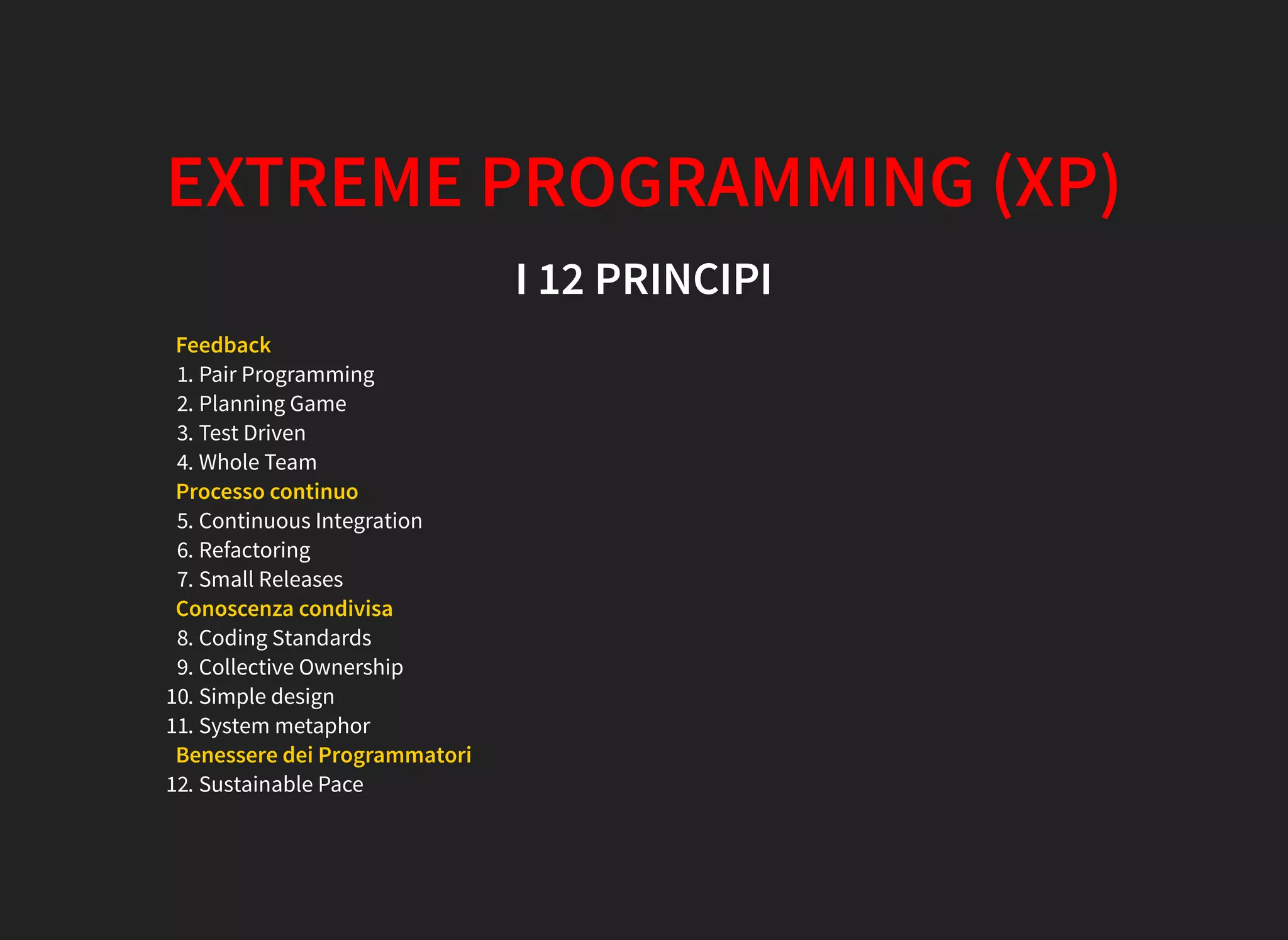 EXTREME PROGRAMMING (XP)
I 12 PRINCIPI
Feedback
1. Pair Programming
2. Planning Game
3. Test Driven
4. Whole Team
Processo continuo
5. Continuous Integration
6. Refactoring
7. Small Releases
Conoscenza condivisa
8. Coding Standards
9. Collective Ownership
10. Simple design
11. System metaphor
Benessere dei Programmatori
12. Sustainable Pace
 