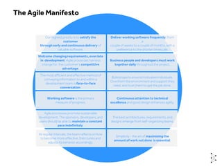 At regular intervals, the team reflects on how
to become more effective, then tunes and
adjusts its behavior accordingly.
Simplicity - the art of maximizing the
amount of work not done is essential.
The best architectures, requirements, and
designs emerge from self-organizing teams.
Working software is the primary
measure of progress.
Continuousattention to technical
excellence and good design enhances agility.
Businesspeople and developers must work
together daily throughoutthe project.
Deliver working software frequently, from
a
couple of weeks to a couple of months, with a
preference to the shorter timescale.
Build projects around motivated individuals.
Give them the environment and support they
need, and trust them to get the job done.
The most efficient and effective method of
conveying information to and within a
development team is face-to-face
conversation.
Our highest priority is to satisfy the
customer
through early and continuous delivery of
valuable software.
Welcome changingrequirements, even late
in development. Agile processes harness
change for the customer's competitive
advantage.
Agile processes promote sustainable
development. The sponsors, developers, and
users should be able to maintain a constant
pace indefinitely.
The Agile Manifesto
 