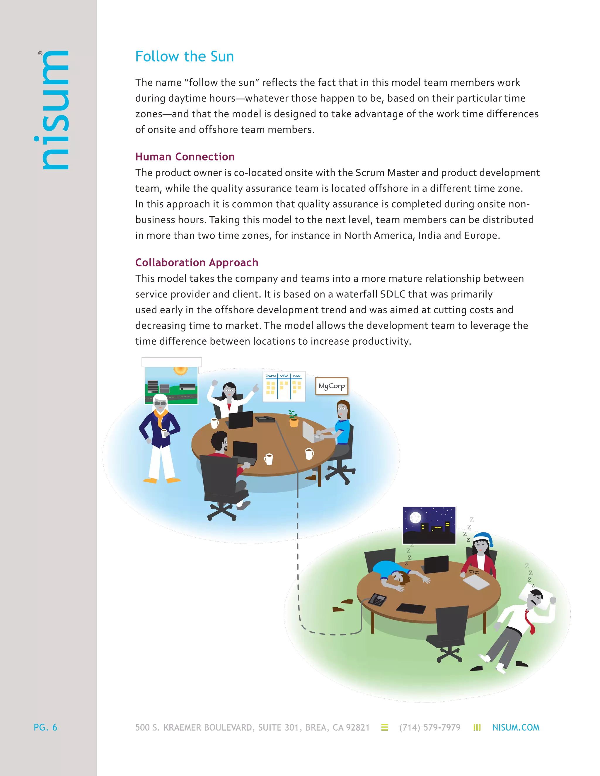 500 S. KRAEMER BOULEVARD, SUITE 301, BREA, CA 92821 (714) 579-7979 NISUM.COM
MyCorp
z
z
z
z
z
z
z
z
z
z
z
z
PG. 6
Follow the Sun
The name “follow the sun” reflects the fact that in this model team members work
during daytime hours—whatever those happen to be, based on their particular time
zones—and that the model is designed to take advantage of the work time differences
of onsite and offshore team members.
Human Connection
The product owner is co-located onsite with the Scrum Master and product development
team, while the quality assurance team is located offshore in a different time zone.
In this approach it is common that quality assurance is completed during onsite non-
business hours. Taking this model to the next level, team members can be distributed
in more than two time zones, for instance in North America, India and Europe.
Collaboration Approach
This model takes the company and teams into a more mature relationship between
service provider and client. It is based on a waterfall SDLC that was primarily
used early in the offshore development trend and was aimed at cutting costs and
decreasing time to market. The model allows the development team to leverage the
time difference between locations to increase productivity.
 