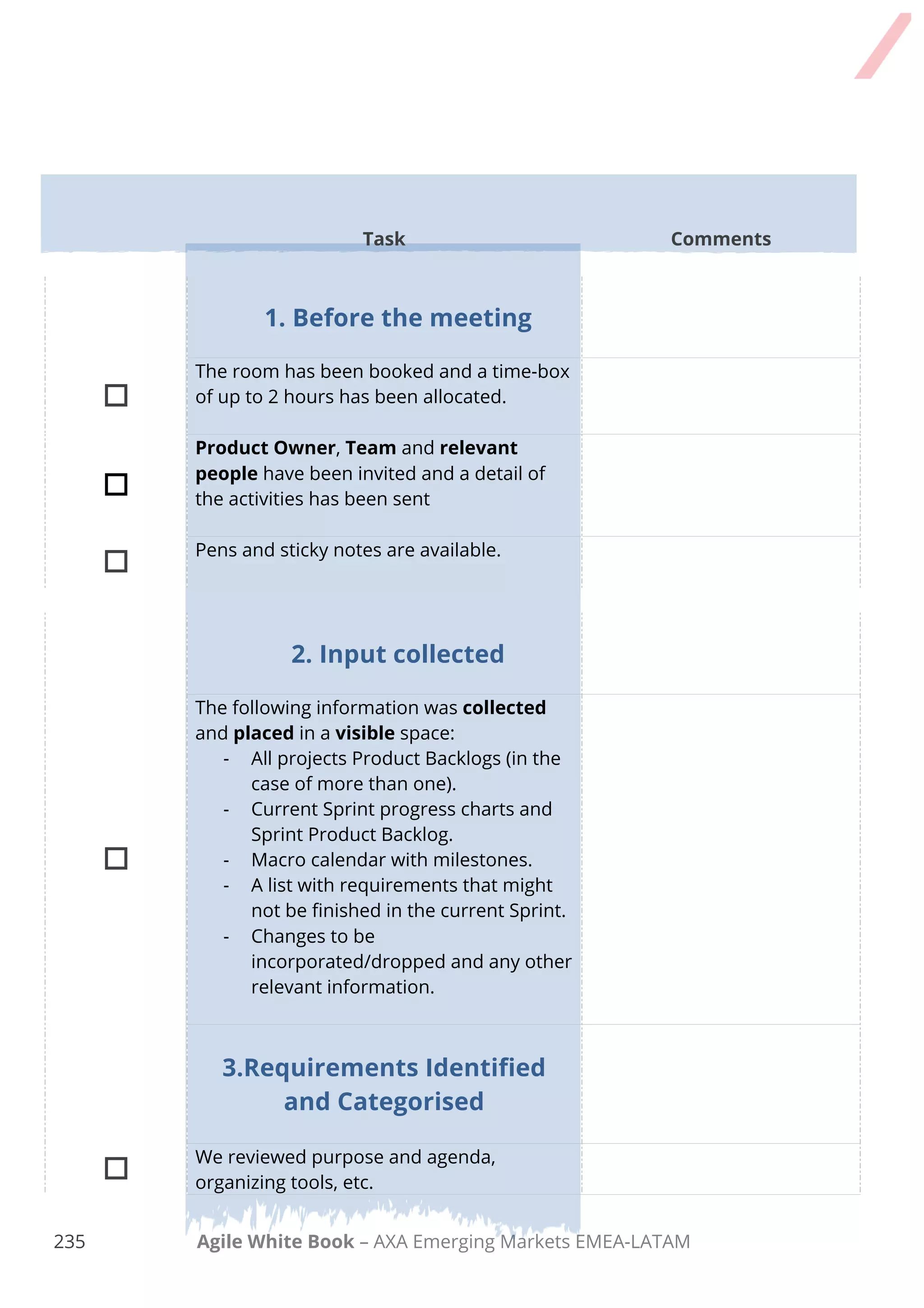 225 Agile White Book – AXA Emerging Markets EMEA-LATAM
Release Planning Meeting
Checklist 6.3
Version 1.0
DATE: __________
Attendants
Context
The objective of Release Planning is to define the contents of a release or a potential
shippable product increment. It involves identifying the goals for the release,
prioritising and sizing User Stories, and establishing due dates.
For more details – please refer chapter 6 of Agile White Book – Agile Release Planning.
 