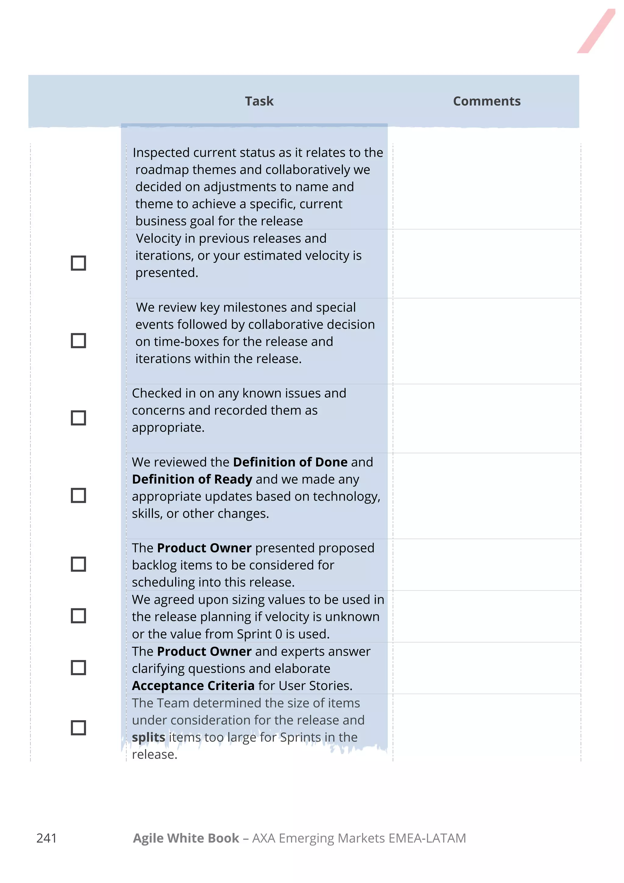 231 Agile White Book – AXA Emerging Markets EMEA-LATAM
Sprint Planning
Planning in Agile is an iterative activity that targets
to have an up-to-date plan rather than keeping
initial plans without changes. A sprint planning is a
special activity, which focuses on loading work for
the Team for the coming iteration.
 