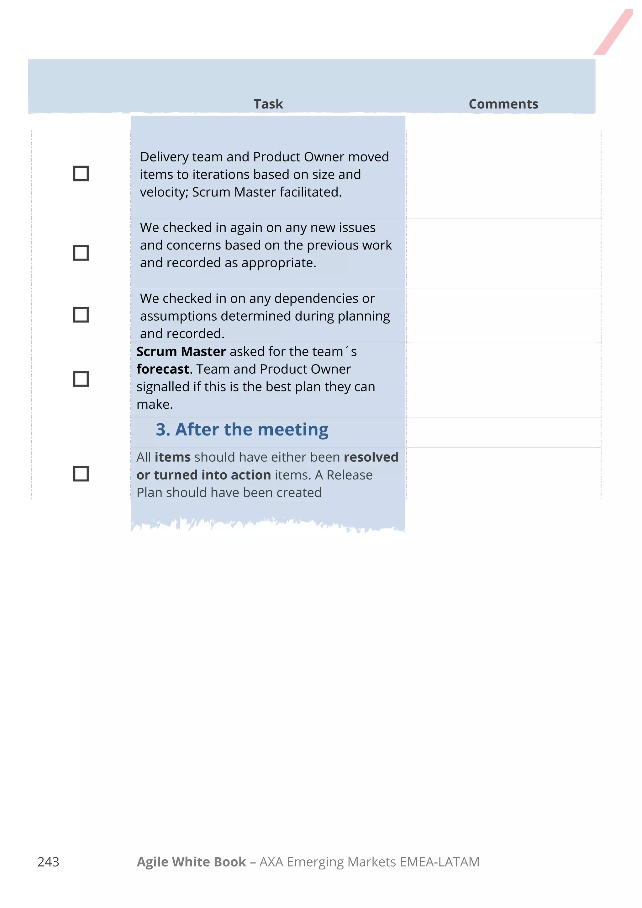 233 Agile White Book – AXA Emerging Markets EMEA-LATAM
HOW SPRINT planning works
OVERVIEW
The first activity that happens when a new Sprint begins is the Sprint Planning. It’s the time when
the Development Team and the Product Owner sit together to agree on a sprint goal and they
determine which items of the product backlog should be delivered in order to reach the shared and
common goal.
To increase the confidence of what can be delivered, the team creates a plan for how to develop
and deliver the selected product backlog items. The selected product backlog items that are
planned for the sprint form the Sprint Backlog. The Sprint Backlog and the Sprint Goal are
considered the main two outcomes of the Sprint Planning meeting!
Participants in Sprint planning meeting is the whole scrum team which means the Product Owner,
the Development Team and the Scrum Master. If for some reason you think that you need people
with specific knowledge and skill that could help you make better decisions feel free to invite them
as well.
The meeting is generally time-boxed from 4 hours for a
two-week sprint, to a maximum of 8 hours for one
month sprint. You might wonder how to organise such a
big activity, right? A common practice used is to split
the sprint planning meeting into two parts with different
objectives! You can find more details below!
The end users know better than anyone else
how they behave and what their problems are.
Have you ever thought to bring representative
end users in your Sprint Planning? If not, think
about it!
 