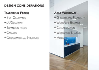 DESIGN CONSIDERATIONS
• # OF OCCUPANTS
• M2
/OCCUPANT
• EXPANSION NEEDS
• CAPACITY
• ORGANIZATIONAL STRUCTURE
• GROWTH AND FLEXIBILITY
• WORK/LIFE BALANCE
• COLLABORATION
• WORKSPACE SHARING
• MOBILITY
TRADITIONAL FOCUS: AGILE WORKSPACE:
 