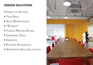 DESIGN SOLUTIONS
• VARIETY OF SETTINGS
• TEAM SPACE
• AGILE WORKSTATIONS
• “RETREATS”
• FLEXIBLE MEETING ROOMS
• COMMUNAL SPACE
• AMENITIES
• EFFICIENT ADJACENCIES
• APPROPRIATE SPACE ALLOCATION
 