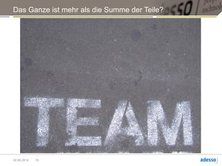Die große Frage, die sich immer wieder stellt ist: Welche Leute sind in so einem
Team?
Das Ganze ist mehr als die Summe seiner Teile.
Das mag bei Lego Duplo zutreffen.
Bei Teams ist man ganz schnell an dem Punkt, bei dem das Ganze weitaus weniger ist,
als jedes Teil für sich allein.
18
 