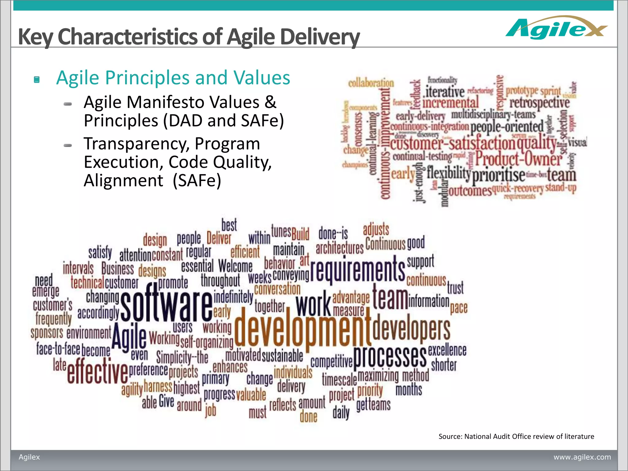 Key Characteristics of Agile Delivery
Agile Principles and Values
Agile Manifesto Values &
Principles (DAD and SAFe)
Transparency, Program
Execution, Code Quality,
Alignment (SAFe)

Source: National Audit Office review of literature
Agilex

www.agilex.com

 