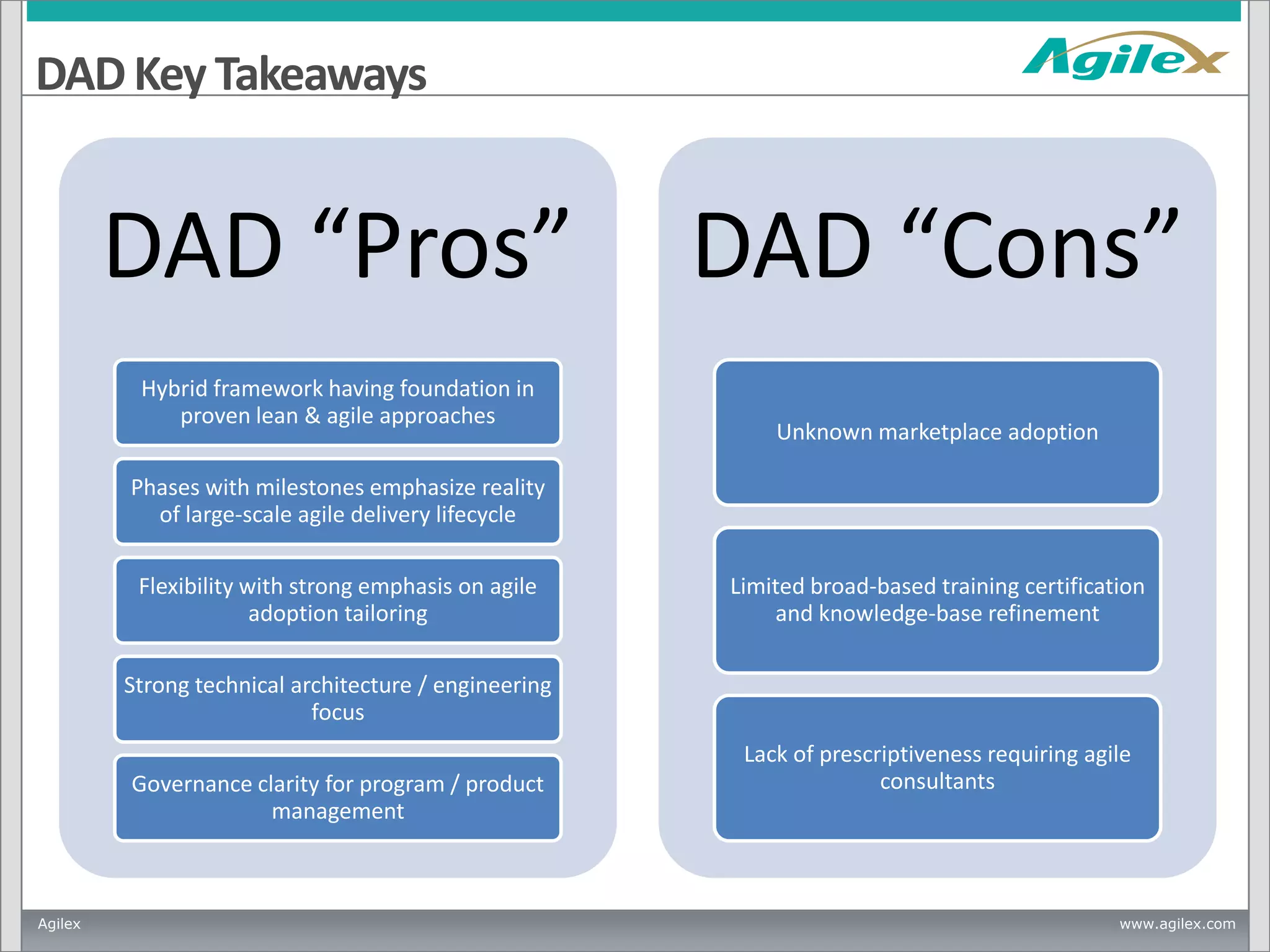 DAD Key Takeaways

DAD “Pros”
Hybrid framework having foundation in
proven lean & agile approaches

DAD “Cons”
Unknown marketplace adoption

Phases with milestones emphasize reality
of large-scale agile delivery lifecycle
Flexibility with strong emphasis on agile
adoption tailoring

Limited broad-based training certification
and knowledge-base refinement

Strong technical architecture / engineering
focus
Governance clarity for program / product
management

Agilex

Lack of prescriptiveness requiring agile
consultants

www.agilex.com

 