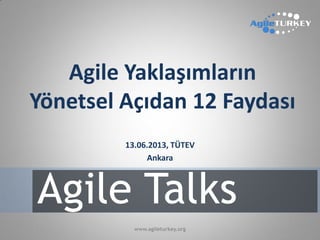 www.agileturkey.org
Agile Talks
Agile Yaklaşımların
Yönetsel Açıdan 12 Faydası
13.06.2013, TÜTEV
Ankara
 