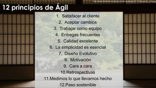 http://www.kirameki.cc/wp/wp-content/uploads/2011/09/kyoto02_003.jpg


12 principios de Ágil
                   1. Satisfacer al cliente
                     2. Aceptar cambios
                  3. Trabajar como equipo
                   4. Entregas frecuentes
                    5. Calidad excelente
                6. La simplicidad es esencial
                     7. Diseño Evolutivo
                        8. Motivación
                        9. Cara a cara
                      10.Retrospectivas
             11.Medimos lo que llevamos hecho
                     12.Paso sostenible
 