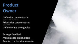 Product
Owner
Define las características
(acorde a la visión del producto)

Prioriza las características
(acorde al ROI)

Define fechas entregables

Entrega FeedBack
Maneja a los stakeholders
Acepta o rechaza incremento
 