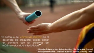 http://s2.hubimg.com/u/5867601_f496.jpg




“El enfoque de ‘carrera de puede entrar
 desarrollo
            de
               productos
                           relevos’ en el

 en conflicto con los objetivos        de
                                ”
 máxima velocidad y flexibilidad.
                              - Hirotaka Takeuchi and Ikujiro Nonaka, “The New New Product
                              Development Game”, Harvard Business Review, January 1986.
 