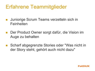 Erfahrene Teammitglieder
n  Juniorige Scrum Teams verzetteln sich in
Feinheiten
n  Der Product Owner sorgt dafür, die Vision im
Auge zu behalten
n  Scharf abgegrenzte Stories oder "Was nicht in
der Story steht, gehört auch nicht dazu"
 