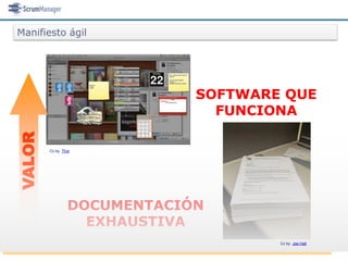 Manifiesto ágil




                            SOFTWARE QUE
                              FUNCIONA
VALOR




        Cc by Thor




                DOCUMENTACIÓN
                  EXHAUSTIVA
                                    Cc by Joe Hall
 