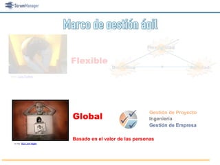 Flexibilidad


                          Flexible
                                          Disciplina                     Agilidad
cc by: Lizzy Foulkes




                          Global                        Gestión de Proyecto

                                                       Ingeniería
                                                         Gestión de Empresa

                          Basado en el valor de las personas
   cc by: Bùi Linh Ngân
 