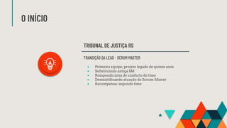 O INÍCIO
TRIBUNAL DE JUSTIÇA RS
TRANSIÇÃO QA LEAD - SCRUM MASTER
● Primeira equipe, projeto legado de quinze anos
● Substituindo antiga SM
● Rompendo zona de conforto do time
● Desmistificando atuação do Scrum Master
● Recompensa: segundo time