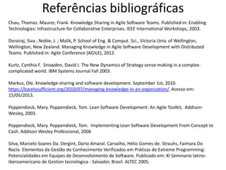 Referências bibliográficas
Chau, Thomas. Maurer, Frank. Knowledge Sharing in Agile Software Teams. Published in: Enabling
Technologies: Infrastructure for Collaborative Enterprises. IEEE International Workshops, 2003.
Dorairaj, Siva ; Noble, J. ; Malik, P. School of Eng. & Comput. Sci., Victoria Univ. of Wellington,
Wellington, New Zealand. Managing Knowledge in Agile Software Development with Distributed
Teams. Published in: Agile Conference (AGILE), 2012.
Kurtz, Cynthia F. Snowden, David J. The New Dynamics of Strategy sense-making in a complexcomplicated world. IBM Systems Journal Fall 2003.
Markus, Ole. Knowledge-sharing and software development. September 1st, 2010.
https://barelysufficient.org/2010/07/managing-knowledge-in-an-organisation/. Acesso em:
15/05/2013.
Poppendieck, Mary. Poppendieck, Tom. Lean Software Development: An Agile Toolkit, AddisonWesley, 2003.
Poppendieck, Mary. Poppendieck, Tom. Implementing Lean Software Development From Concept to
Cash. Addison Wesley Professional, 2006
Silva, Marcelo Soares Da. Dergint, Dario Amaral. Carvalho, Hélio Gomes de. Strauhs, Faimara Do
Rocio. Elementos da Gestão do Conhecimento Verificados em Práticas de Extreme Programming:
Potencialidades em Equipes de Desenvolvimento de Software. Publicado em: XI Seminario latinoiberoamericano de Gestion tecnologica - Salvador, Brasil. ALTEC 2005.

 