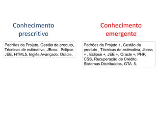 Conhecimento
prescritivo
Padrões de Projeto, Gestão de produto,
Técnicas de estimativa, JBoss , Eclipse,
JEE, HTML5, Inglês Avançado, Oracle.

Conhecimento
emergente
Padrões de Projeto +, Gestão de
produto , Técnicas de estimativa, Jboss
+ , Eclipse +, JEE +, Oracle +, PHP,
CSS, Recuperação de Crédito,
Sistemas Distribuídos, GTA 5.

 