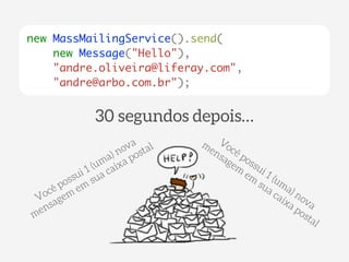 new MassMailingService().send( 
new Message("Hello"), 
"andre.oliveira@liferay.com", 
"andre@arbo.com.br"); 
30 segundos depois… 
Você possui 1 (uma) nova 
mensagem em sua caixa postal 
Você possui 1 (uma) nova 
mensagem em sua caixa postal 
 