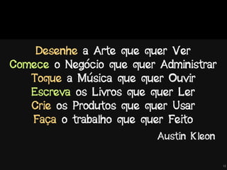 !12
Desenhe a Arte que quer Ver
Comece o Negócio que quer Administrar
Toque a Música que quer Ouvir
Escreva os Livros que quer Ler
Crie os Produtos que quer Usar
Faça o trabalho que quer Feito
Austin Kleon
 