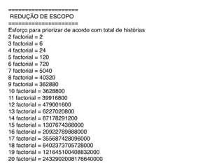 =====================
REDUÇÃO DE ESCOPO
=====================
Esforço para priorizar de acordo com total de histórias
2 factorial = 2
3 factorial = 6
4 factorial = 24
5 factorial = 120
6 factorial = 720
7 factorial = 5040
8 factorial = 40320
9 factorial = 362880
10 factorial = 3628800
11 factorial = 39916800
12 factorial = 479001600
13 factorial = 6227020800
14 factorial = 87178291200
15 factorial = 1307674368000
16 factorial = 20922789888000
17 factorial = 355687428096000
18 factorial = 6402373705728000
19 factorial = 121645100408832000
20 factorial = 2432902008176640000
 