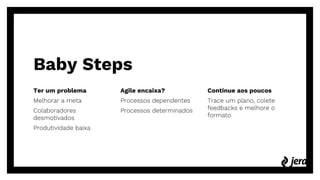 Baby Steps
Ter um problema
Melhorar a meta
Colaboradores
desmotivados
Produtividade baixa
Agile encaixa?
Processos dependentes
Processos determinados
Continue aos poucos
Trace um plano, colete
feedbacks e melhore o
formato
 
