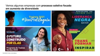 Vemos algumas empresas com processo seletivo focado
em aumento de diversidade
Fonte: BBC; 99 Jobs; Cia de talentos
 
