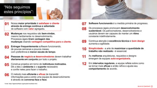 Nossa maior prioridade é satisfazer o cliente
através da entrega contínua e adiantada
de software com valor agregado.
Mudanças nos requisitos são bem-vindas,
mesmo tardiamente no desenvolvimento.
Processos ágeis tiram vantagem das
mudanças visando vantagem competitiva para o cliente.
Entregar frequentemente software funcionando,
de poucas semanas a poucos meses,
com preferência à menor escala de tempo.
Pessoas de negócio e desenvolvedores devem trabalhar
diariamente em conjunto por todo o projeto.
Construa projetos em torno de indivíduos motivados.
Dê a eles o ambiente e o suporte necessário
e confie neles para fazer o trabalho.
O método mais eficiente e eficaz de transmitir
informações para e entre uma equipe de desenvolvimento
é através de conversa face a face.
Software funcionando é a medida primária de progresso.
Os processos ágeis promovem desenvolvimento
sustentável. Os patrocinadores, desenvolvedores e
usuários devem ser capazes de manter um ritmo
constante indefinidamente.
Contínua atenção à excelência técnica e bom design
aumenta a agilidade.
Simplicidade - a arte de maximizar a quantidade de
trabalho não realizado - é essencial.
As melhores arquiteturas, requisitos e designs
emergem de equipes auto-organizáveis.
Em intervalos regulares, a equipe reflete sobre como
se tornar mais eficaz e então refina e ajusta seu
comportamento de acordo.
Fonte: https://agilemanifesto.org/iso/ptbr/manifesto.html
01
02
03
04
05
06
07
08
09
10
11
12
“Nós seguimos
estes princípios”:
 