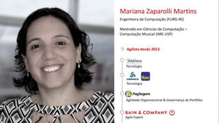 Mariana Zaparolli Martins
Engenheira de Computação (FURG-RS)
Mestrado em Ciências de Computação –
Computação Musical (IME-USP)
Agilista desde 2013
Agilidade Organizacional & Governança de Portfólio
Agile Expert
Tecnologia
Tecnologia
2
 