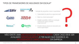 Copyright © 2018 Accenture Todos os direitos reservados. 12
TIPOS DE FRAMEWORKS DE AGILIDADE EM ESCALA*
“model”
Exemplo de perguntas a serem respondidas:
• Capacidade de aderência organizacional?
• Maior ou menor prescrição?
• Modelo possibilita melhoria e evolução
contínua em nosso contexto
organizacional?
• Envolve toda as estruturas necessárias de
nossa organização?
* Relação não exaustiva (principais frameworks no mercado).
NÃO EXISTE UMA METODOLOGIA “BALA DE PRATA”: CADA CASO DEVE SER
AVALIADO INDIVIDUALMENTE, E TER ALGO QUE ENDERECE AS
NECESSIDADES E CARACTERÍSTICAS DA EMPRESA
 
