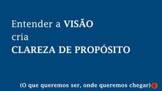 Entender a VISÃO
cria
CLAREZA DE PROPÓSITO
(O que queremos ser, onde queremos chegar)
 