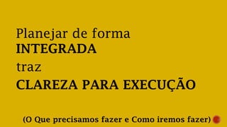 Planejar de forma
INTEGRADA
traz
CLAREZA PARA EXECUÇÃO
(O Que precisamos fazer e Como iremos fazer)
 