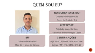 INTERESSE
Agilidade, Lean, Kanban,
DevOps e Transformação Digital
NO MOMENTO ESTOU
Gerente de Infraestrutura
Grupo de Coalizão Ágil
CERTIFICAÇÕES
Ágil: PSM I, PSPO I, LITA, ASF, SFC
Outras: PMP, ITIL, CTFL, CPA-20
EU
Daniel Souza Santos
Mais de 11 anos de Banese
 