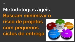 Metodologias ágeis
Buscam minimizar o
risco de projetos
com pequenos
ciclos de entrega
 